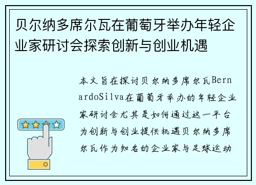 贝尔纳多席尔瓦在葡萄牙举办年轻企业家研讨会探索创新与创业机遇